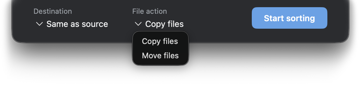 File action menu showing Copy files and Move files options