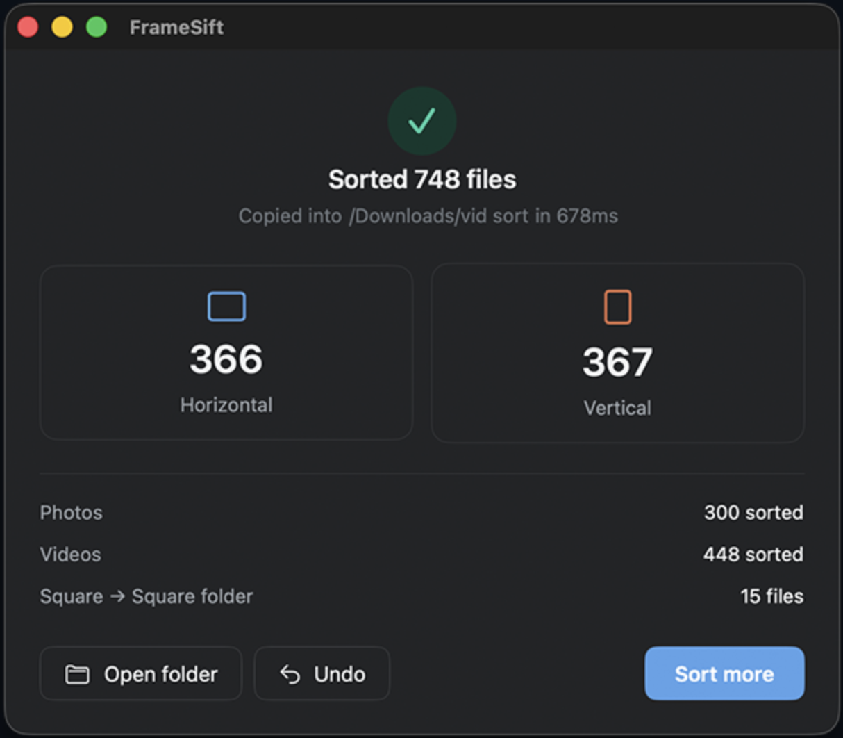 FrameSift sorting results